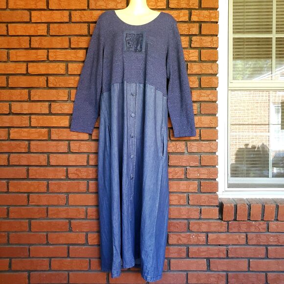 Vintage LS Maxi Dress Sz XL Blue Teacher Lagenlook 80s Bird Patch Knit & Woven - Picture 1 of 12